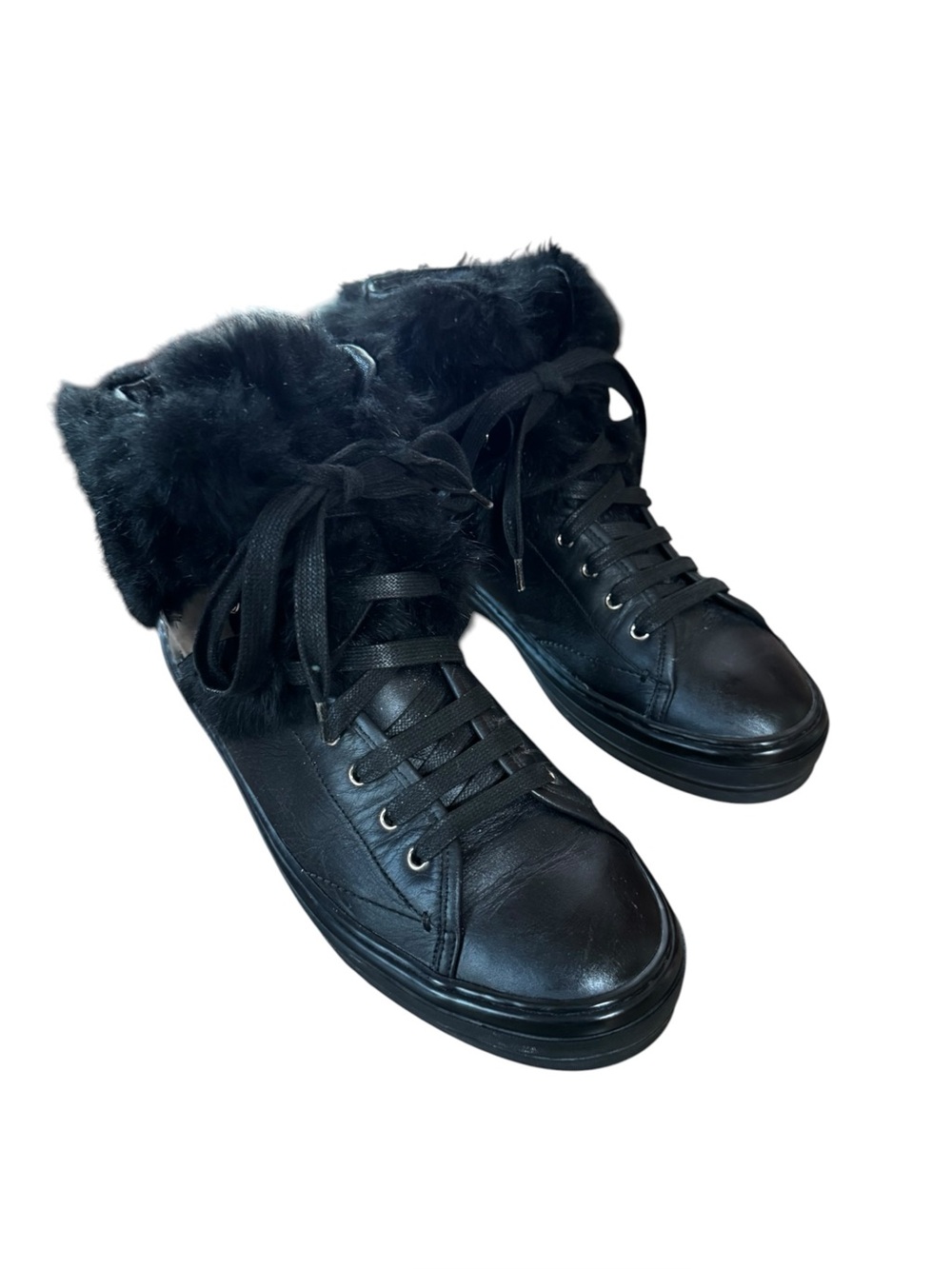 Women’s Salvatore Ferragamo 8.5 Black Nisia Winter Sneakers Genuine Rabbit Fur